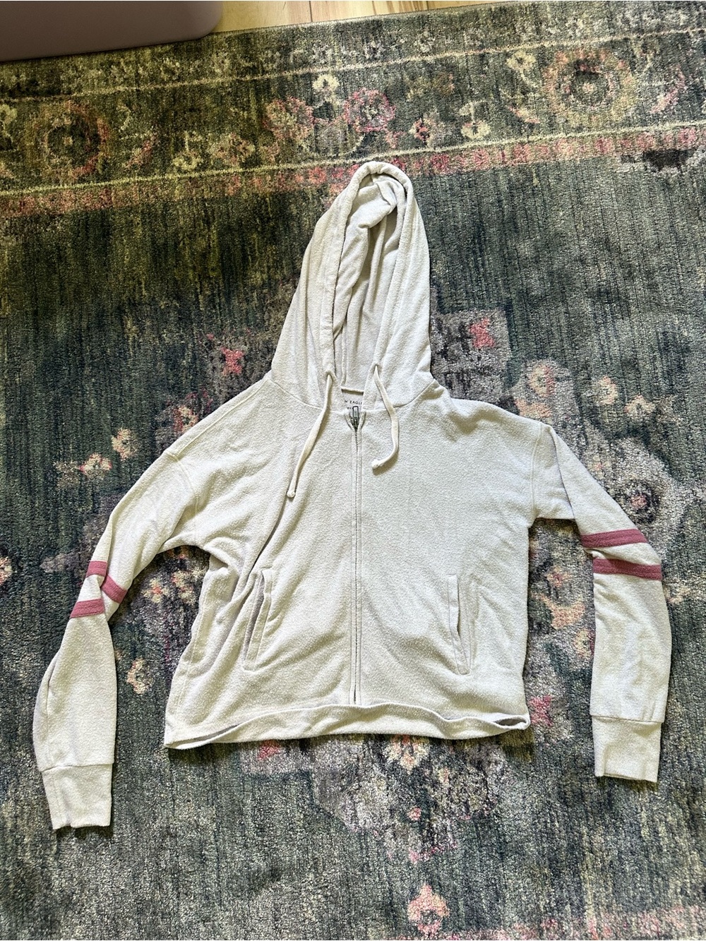Y2K AEO Soft & Sexy Cream Hooded Zip Sweatshirt with Pink Sleeve Stripes XXS